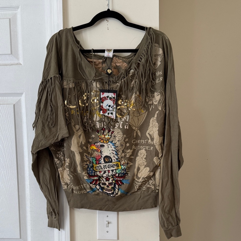 Vintage Ed Hardy by Christian Audigier sequin fringe shirt